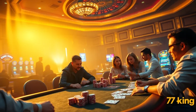 79king poker players in a thrilling casino atmosphere stacked with chips and a roulette wheel present.
