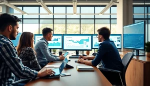 Collaborators analyzing data at https://benchbot.ai with modern technology in a bright office.