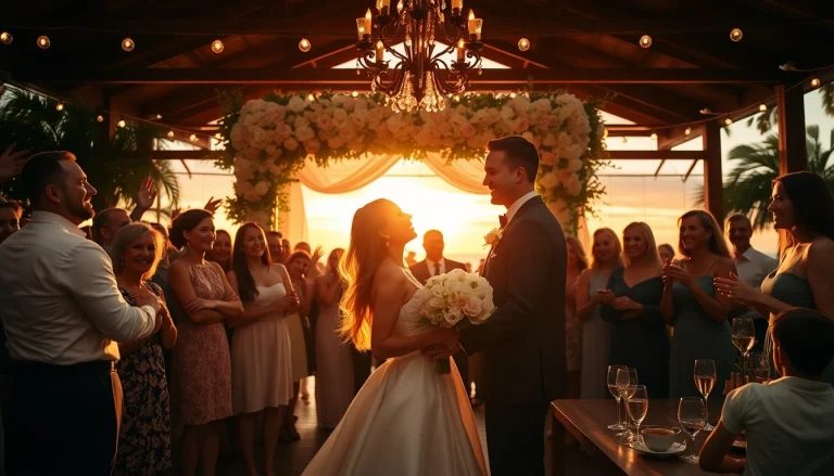 Wedding videographer in Tampa capturing a vibrant sunset wedding celebration with joyful moments.