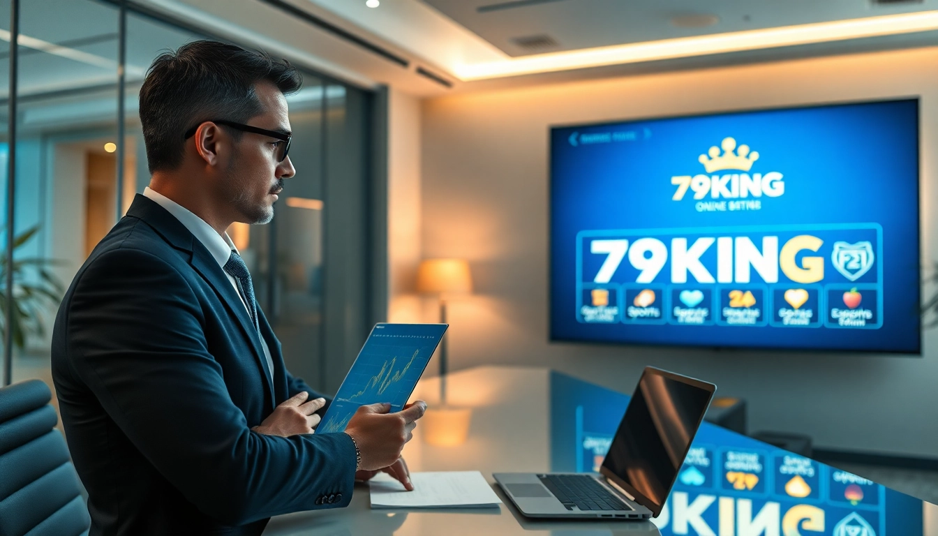 Modern office scene showcasing 79KING branding with financial data, gaming icons, and a professional atmosphere in 2025