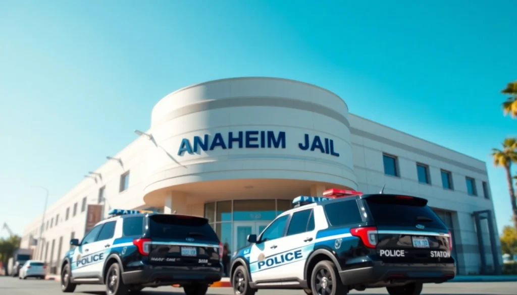 View of Anaheim Jail police station highlighting security features and modern architecture.