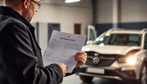 Unfall Auto Gutachter bewertet den Schaden an einem Fahrzeug und dokumentiert das Gutachten.