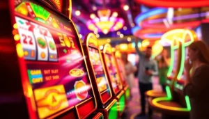 Menggandeng slot gacor dengan slot machine berkilau di kasino yang meriah.