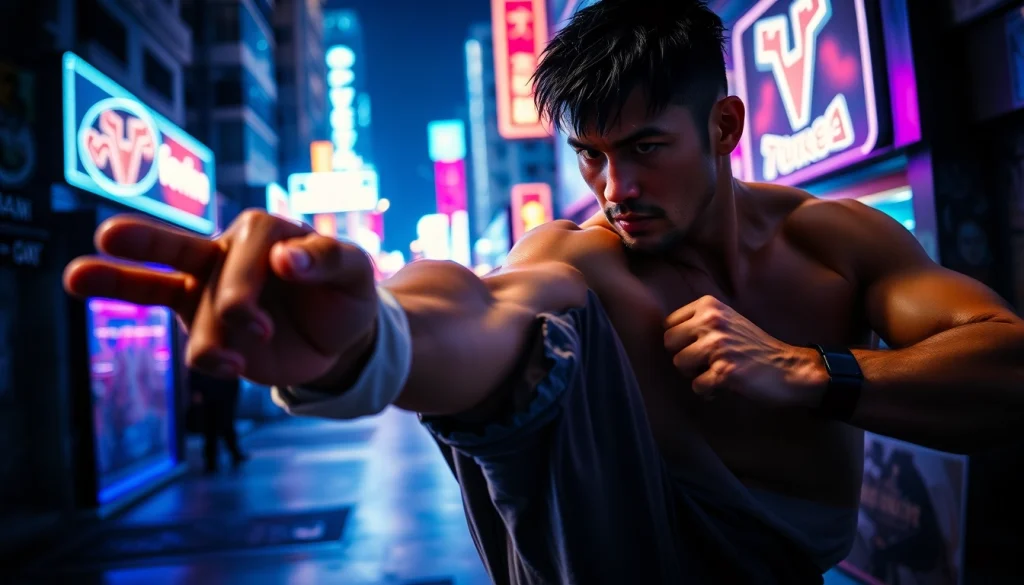 Action-packed martial arts thriller displaying a fighter in mid-kick against a neon city backdrop.