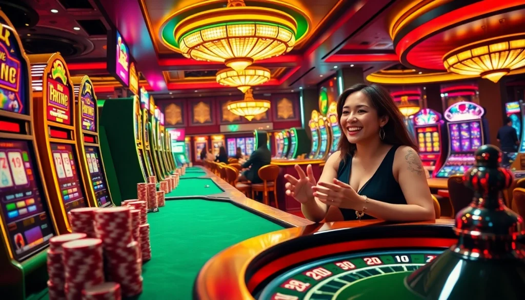 Experience the thrilling MV88 game in a luxurious casino setting with vibrant slot machines.