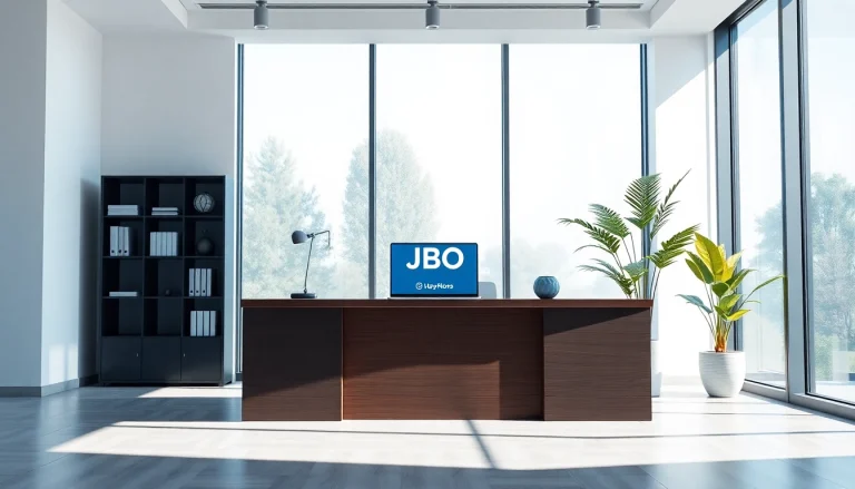 Showcase of a professional workspace featuring the JBO logo, laptop, and inviting atmosphere.