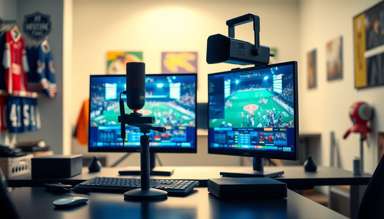 스포츠중계 화면을 표시하는 컴퓨터와 마이크가 있는 현대적인 설정