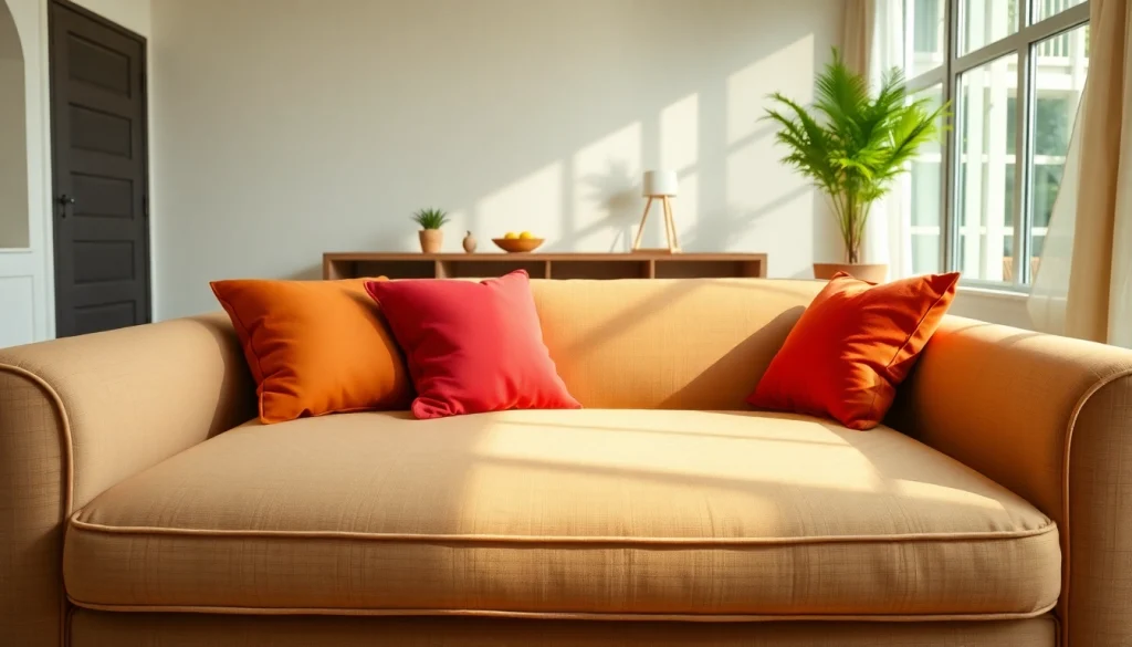 Luxurious sofa bed in a serene living room, showcasing comfort and modern design.