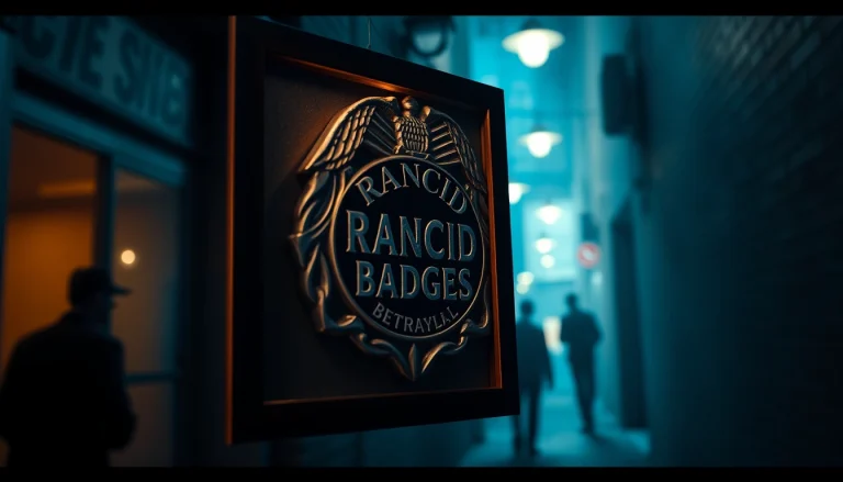 Engage with Rancid Badges, featuring a tarnished police badge in a dark alley setting.