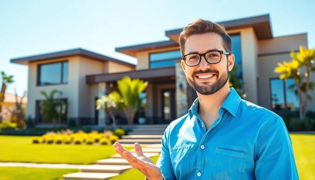 Showcasing Real Estate agent presenting modern home front with vibrant garden.