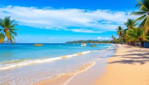 Clima em Paripueira com vista panorâmica de praia, destacando a luz tropical do sol, barcos de pescadores e águas tranquilas.