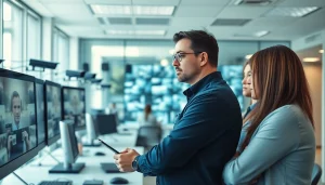 Security Company professionals monitoring safety systems in a high-tech office.