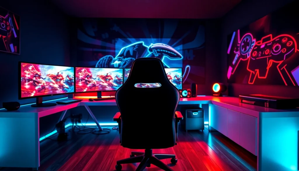 Experience vj88 through an engaging gaming setup, showcasing high-tech monitors and LED lights.