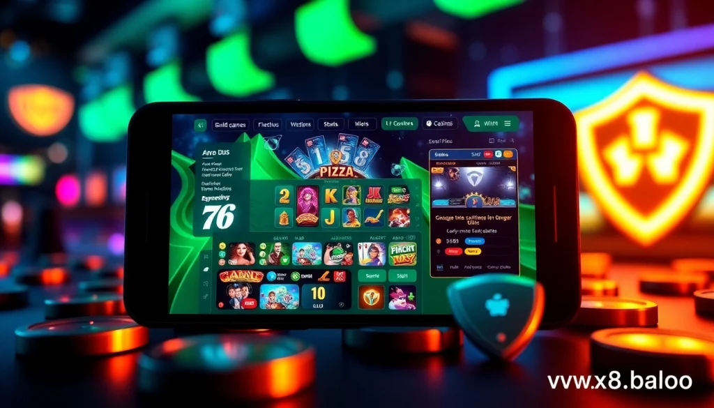 The high-tech interface of online gaming at https://xx88.pizza/ showcasing thrilling card games and a vibrant atmosphere, emphasizing safety.