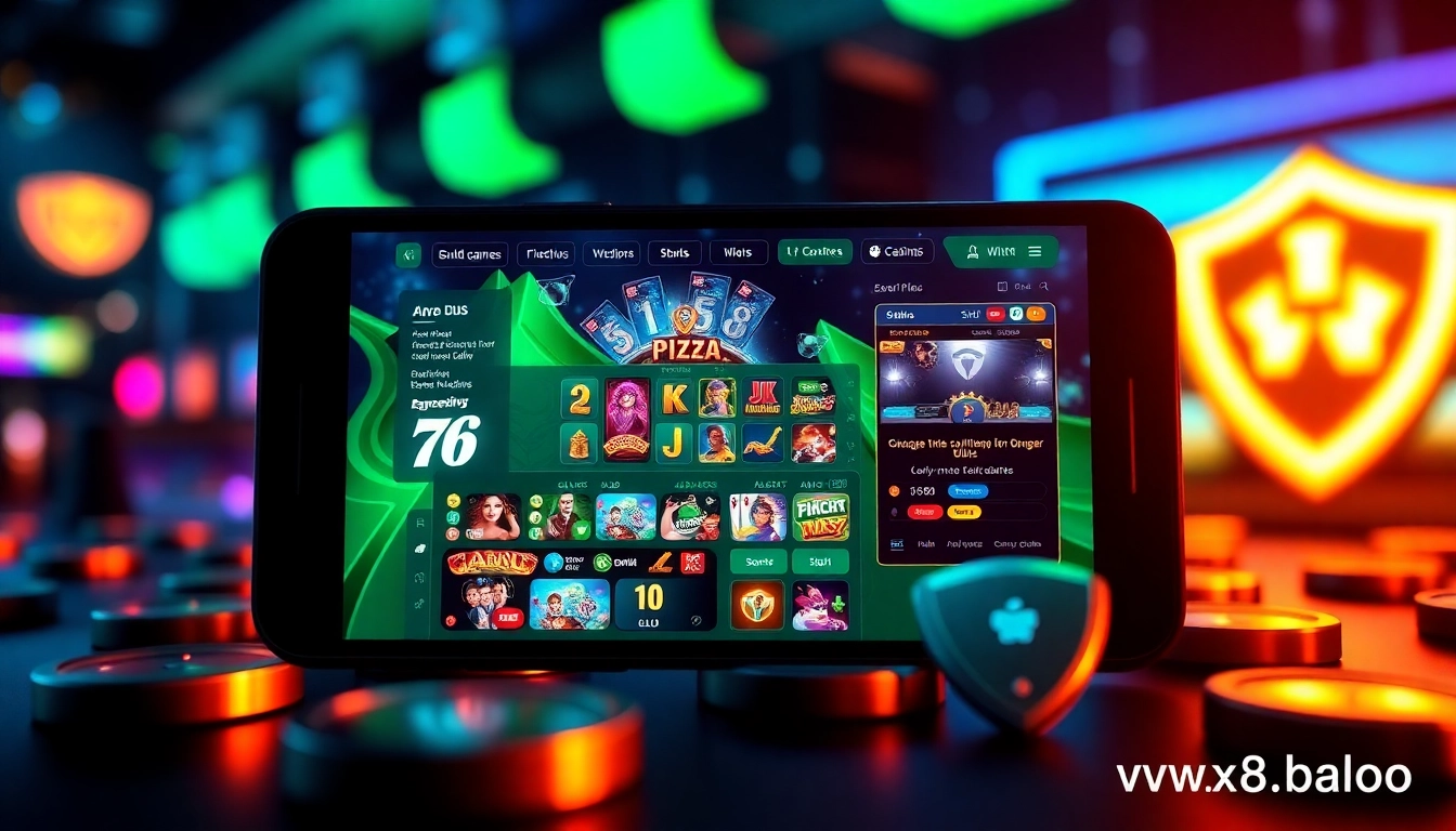 The high-tech interface of online gaming at https://xx88.pizza/ showcasing thrilling card games and a vibrant atmosphere, emphasizing safety.