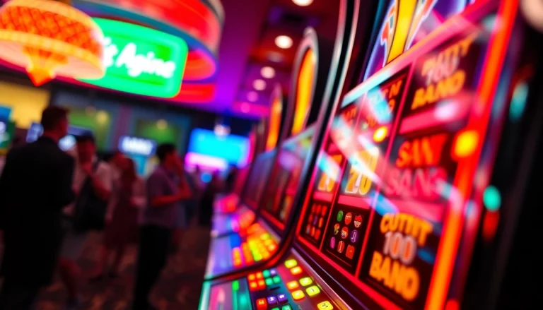 Slot yang cerah dan berkilau dalam suasana kasino yang ramai.