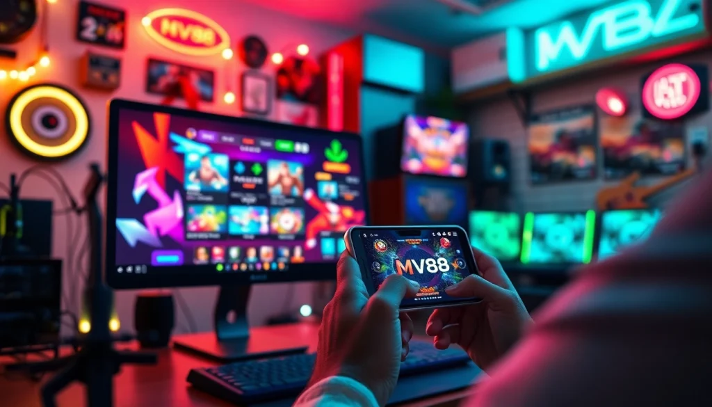 Engaging scene of MV88 game interface on a screen, showcasing vibrant gameplay and mobile app interaction.