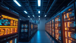 Crypto mining operation showcasing advanced ASIC rigs and blockchain data in a high-tech atmosphere.