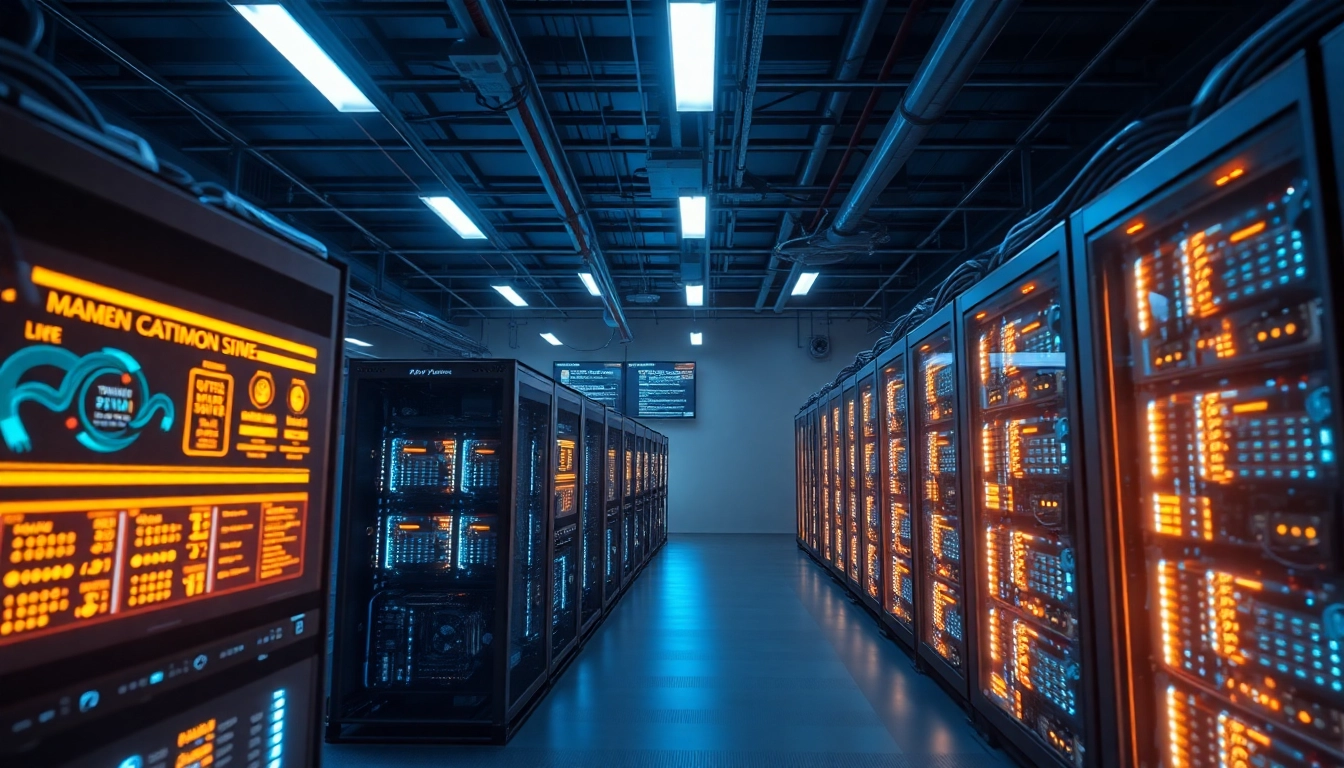 Crypto mining operation showcasing advanced ASIC rigs and blockchain data in a high-tech atmosphere.