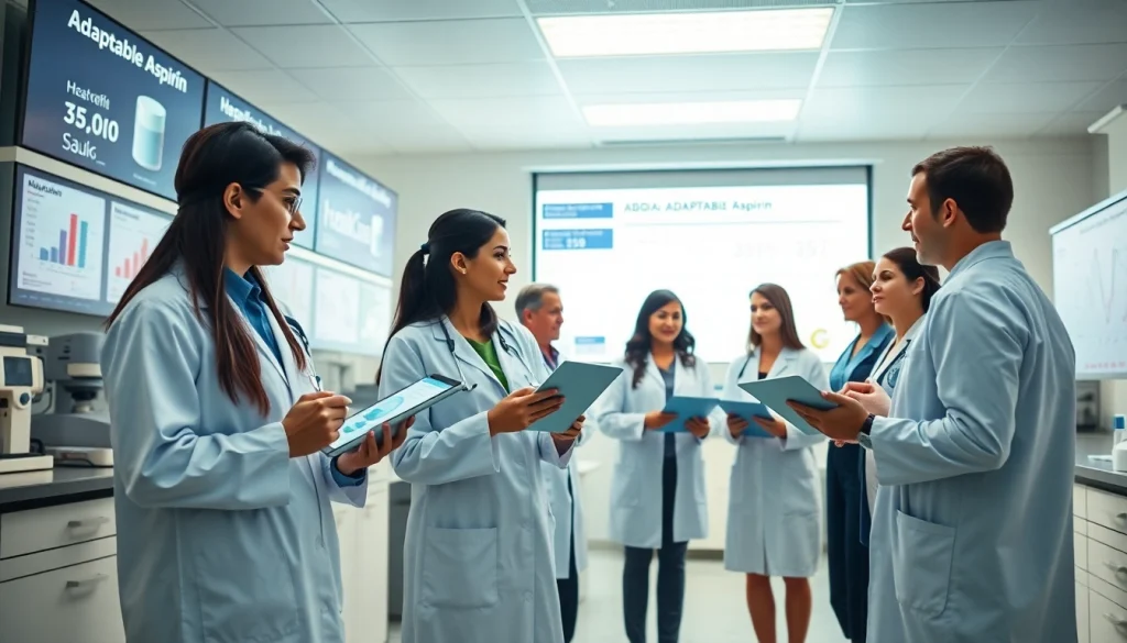 Healthcare researchers collaborating on the ADAPTABLE Aspirin Study in a modern laboratory.