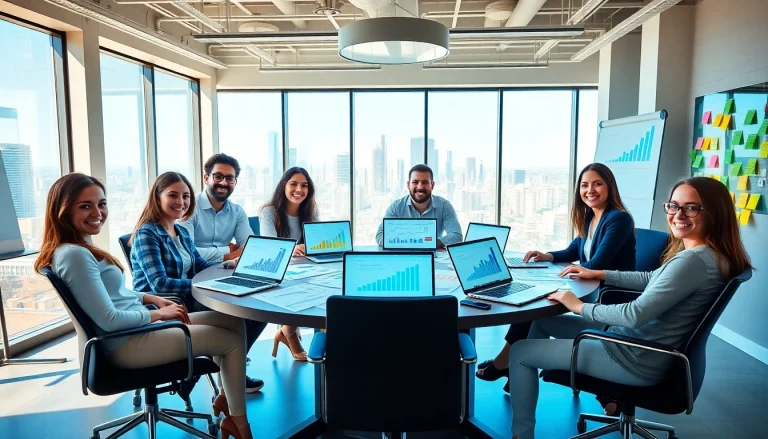 Boost social media marketing with a diverse team collaborating in a bright, modern office.