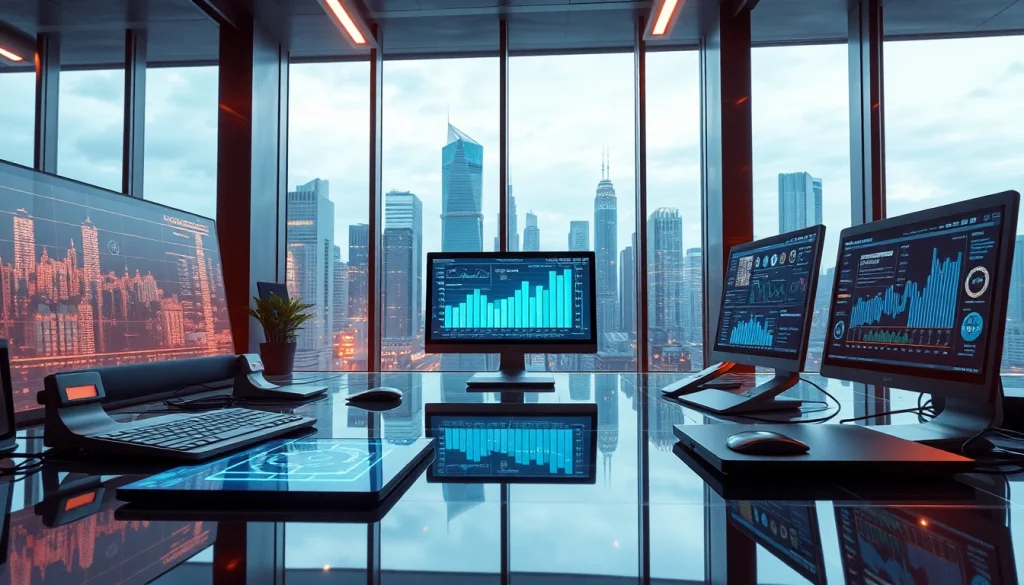 Engaging technology workspace showcasing advanced devices and data analytics in action.