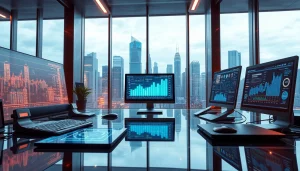 Engaging technology workspace showcasing advanced devices and data analytics in action.