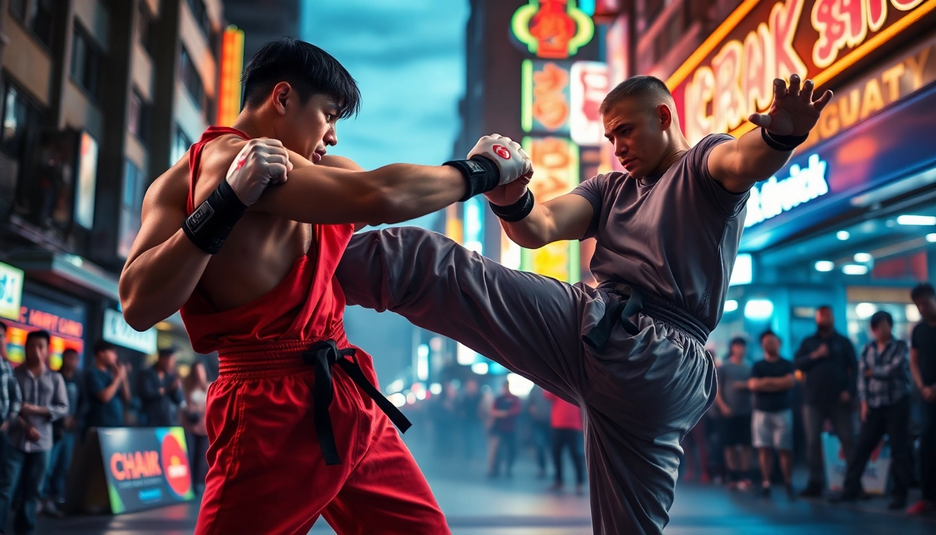 Martial Arts Thriller fighter showcasing a powerful kick in an urban showdown.