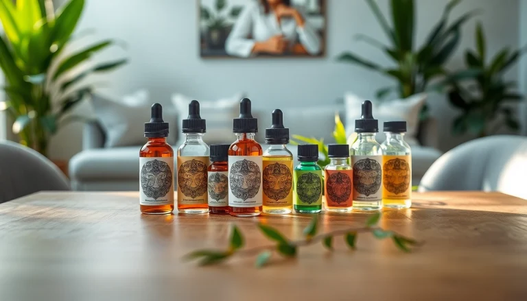 Vape liquids in verschiedenen Flaschen auf einem eleganten Tisch arrangiert.