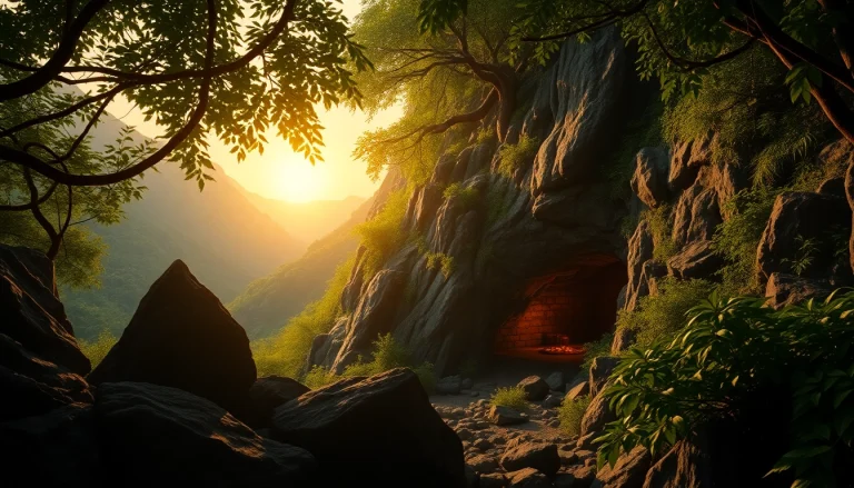 Discover the treasure-filled entrance of King Solomon's Mine amid vibrant greenery.