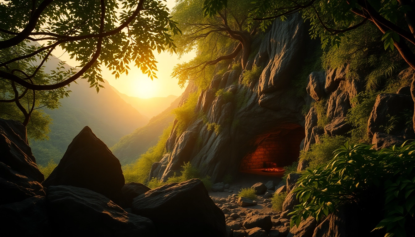 Discover the treasure-filled entrance of King Solomon's Mine amid vibrant greenery.