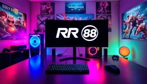 View of a gaming setup featuring RR 88 logo on monitor with vibrant RGB lighting and accessories.