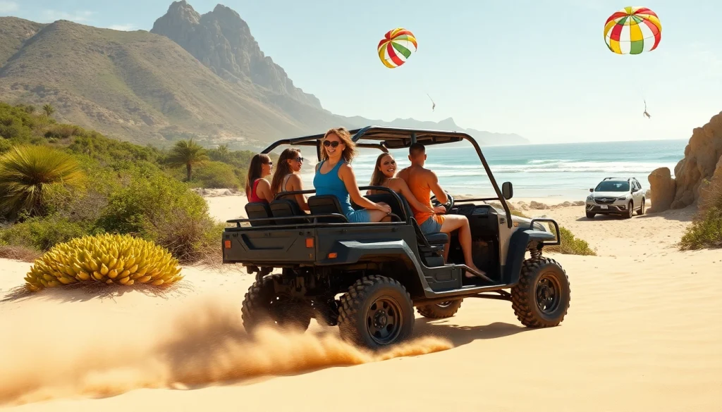 Cabo adventure tours group enjoying a thrilling off-road ride on beautiful sandy beach.