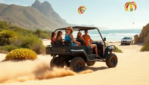 Cabo adventure tours group enjoying a thrilling off-road ride on beautiful sandy beach.