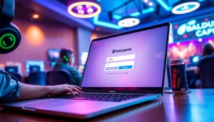 Masuk ke bolahiu login game melalui layar laptop dengan suasana ramai di kafe cyber.