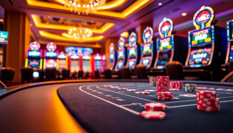 Menggambarkan pengalaman bermain kasinojitu dengan meja permainan modern dan pemain yang antusias.