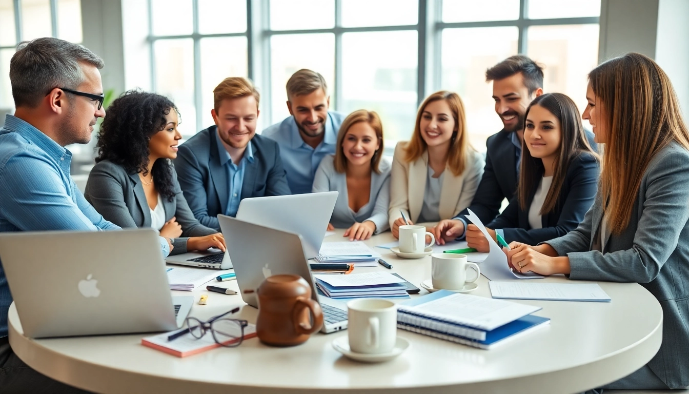 Hire managers strategizing around a table for a free job post, reflecting collaboration.