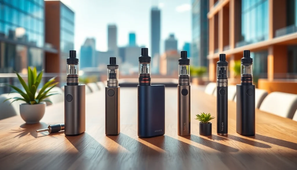Vapes auf einem eleganten Tisch, gut beleuchtet mit urbanem Hintergrund.