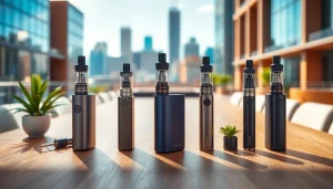 Vapes auf einem eleganten Tisch, gut beleuchtet mit urbanem Hintergrund.