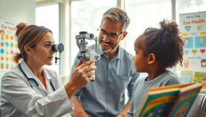 Promoting Our Children's Vision with pediatricians examining a child's eyes for eye health accessibility.