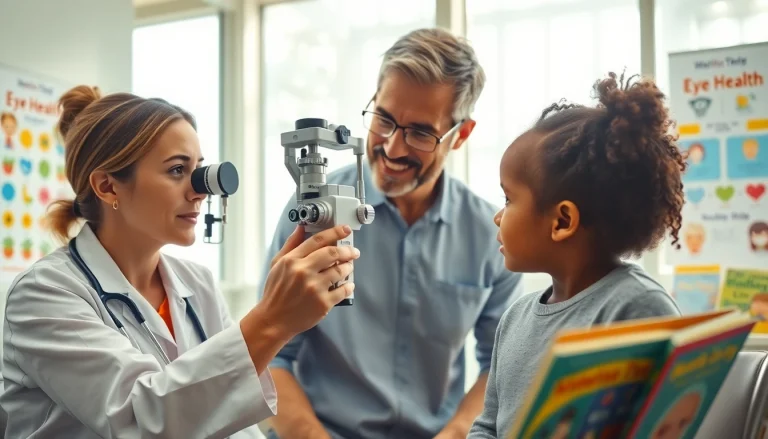 Promoting Our Children's Vision with pediatricians examining a child's eyes for eye health accessibility.