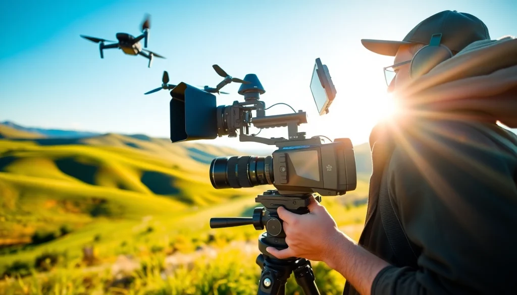 Vediography expert filming scenic landscapes with high-end camera gear outdoors.