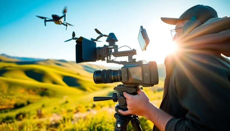 Vediography expert filming scenic landscapes with high-end camera gear outdoors.