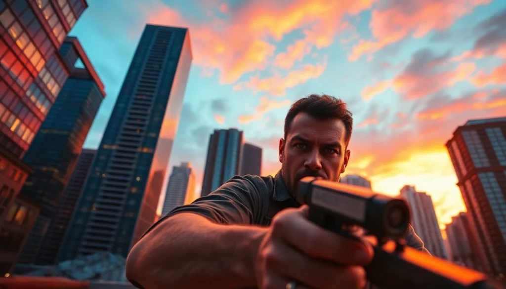 Bayside Boom showcasing Orlando Black in an intense urban action scene set against a dramatic sunset.