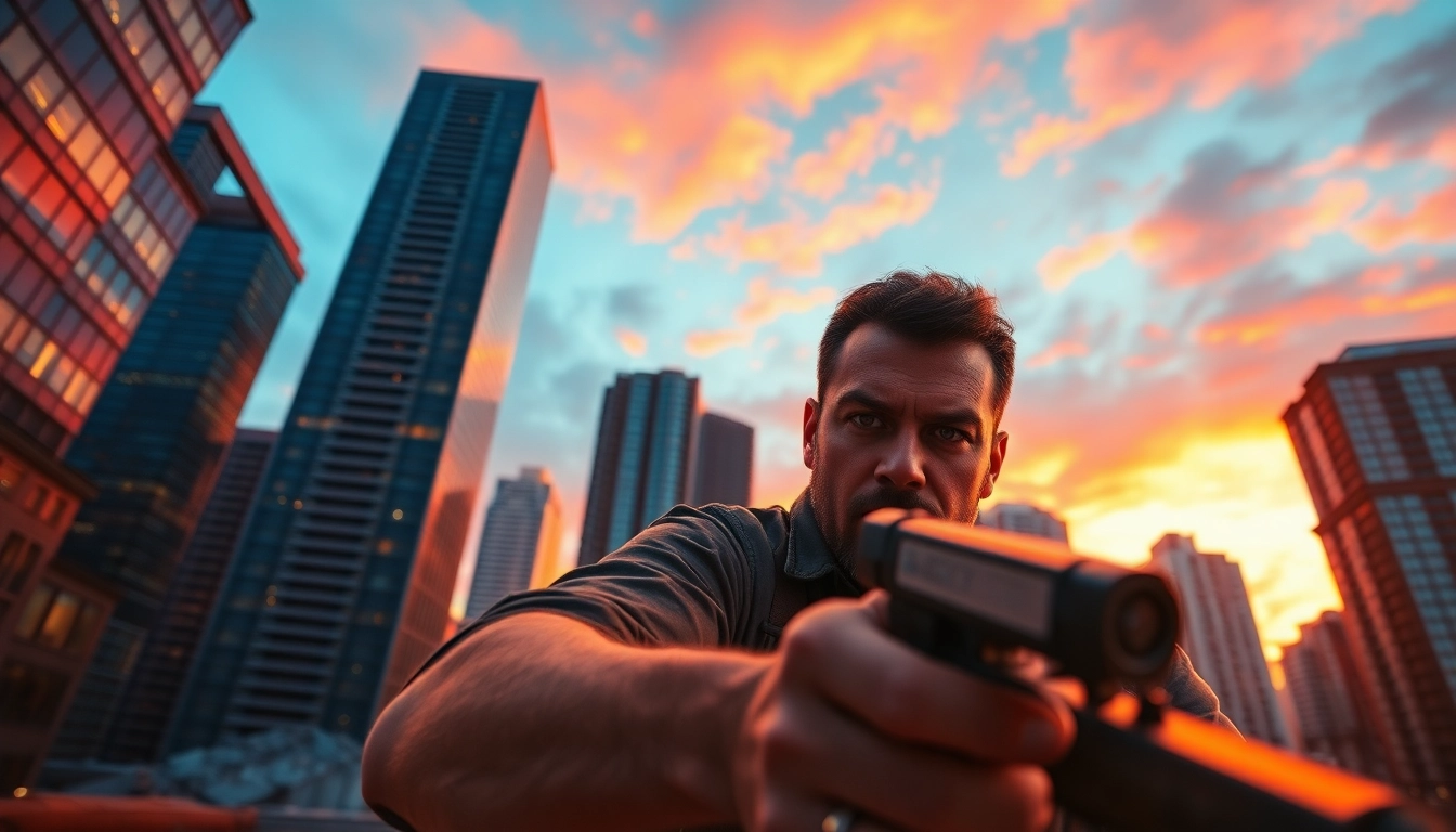 Bayside Boom showcasing Orlando Black in an intense urban action scene set against a dramatic sunset.