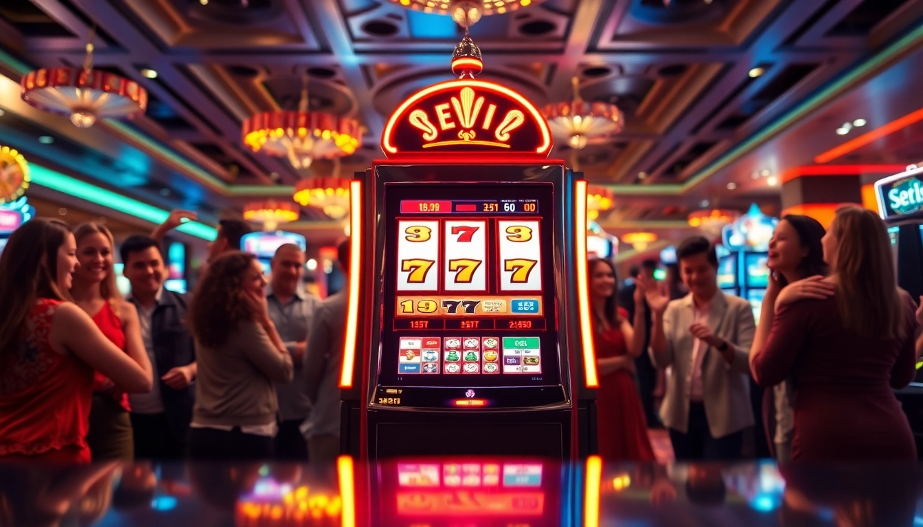 Menangkan jackpot dengan slot gacor yang dikelilingi pemain yang merayakan kemenangan.