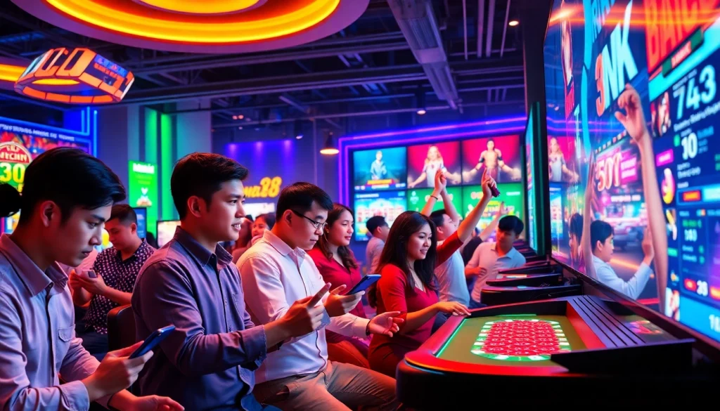 Engaging scene showcasing MV88 game interactive gaming environment with diverse players and vibrant digital interfaces.