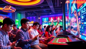 Engaging scene showcasing MV88 game interactive gaming environment with diverse players and vibrant digital interfaces.
