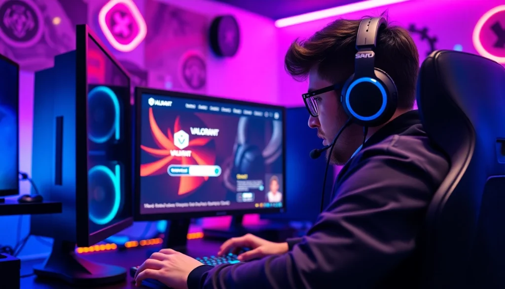 Engage with the Valorant download process on a modern gaming setup featuring colorful LED lights.