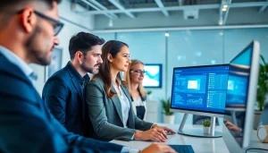 Engaged team discussing Email Security & Archiving strategies in a professional office setting.